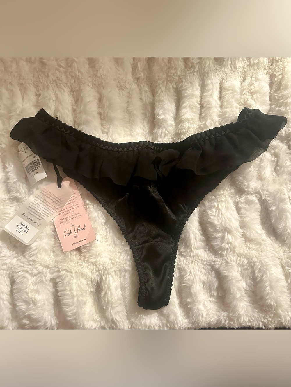 NWT GILDA AND PEARL LONDON Barneys New York SZ L Black Silk Satin Ruffle Thong